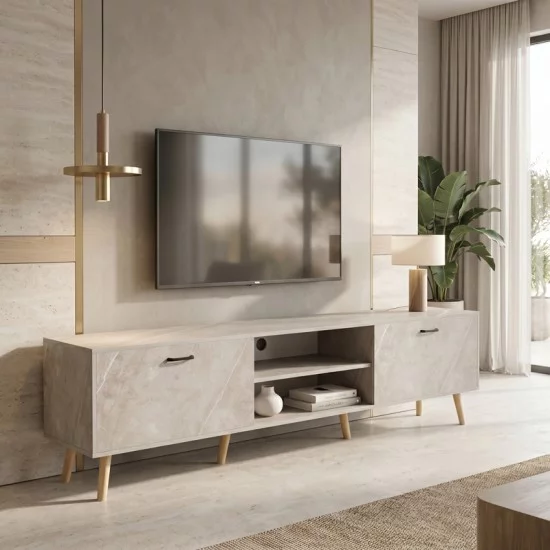 Έπιπλο τηλεόρασης Gorna  μπεζ εφέ μαρμάρου 180x35x48.6εκ