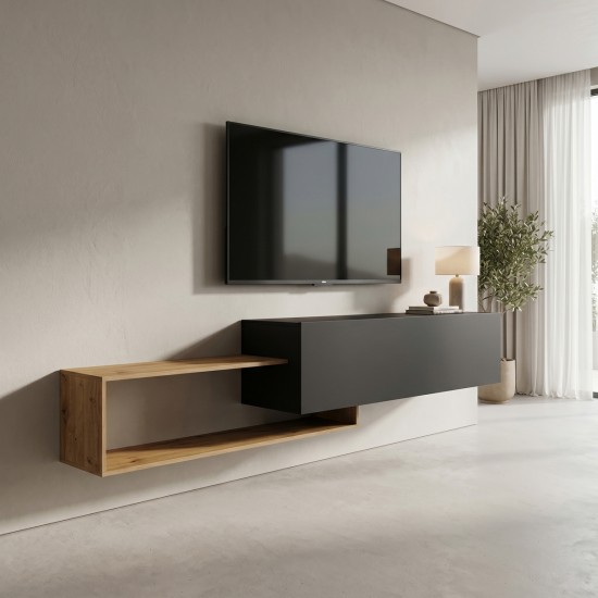 Έπιπλο τηλεόρασης επιτοίχιο Olande  oak-μαύρο 210x35x48εκ