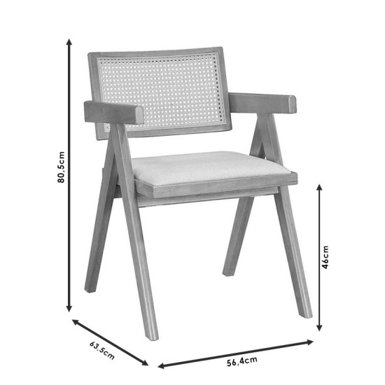 Πολυθρόνα Winslow  ξύλο rubberwood ανοικτό καρυδί-pvc rattan φυσικό-ύφασμα γκρι