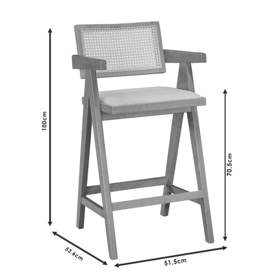 Σκαμπό bar Winslow  ξύλο rubberwood ανοικτό καρυδί-pvc rattan φυσικό-ύφασμα γκρι