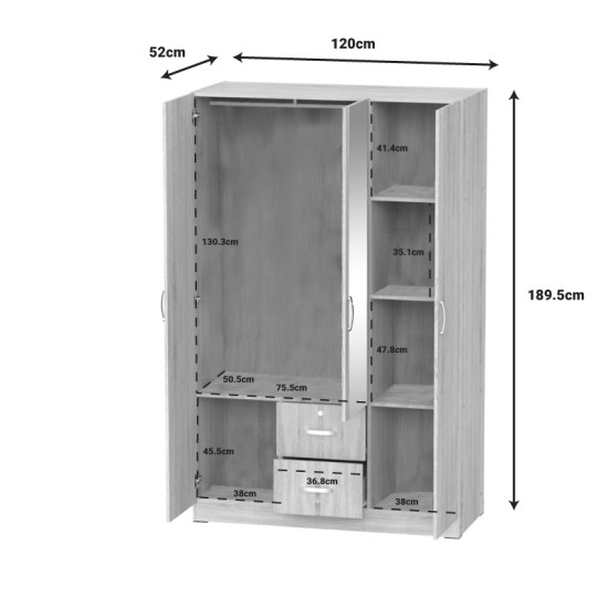 Ντουλάπα ρούχων τρίφυλλη Dillion  sonoma μελαμίνης 120x52x190εκ Model: 248-000020