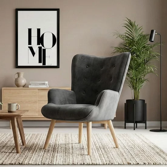 Πολυθρόνα Fluffy  βελούδο ανθρακί-φυσικό πόδι 75x69x96εκ