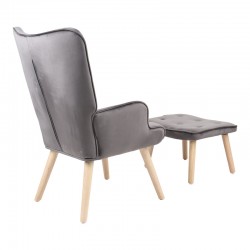 Πολυθρόνα με υποπόδιο Melisia  γκρι βελούδο και ξύλινο πόδι σε φυσική απόχρωση 59x67x94εκ