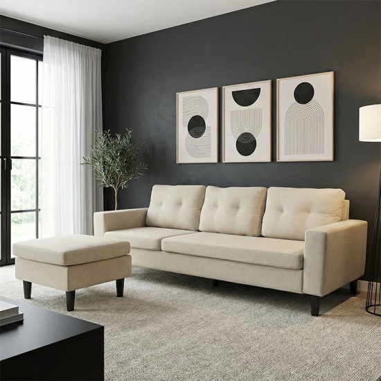 Γωνιακός καναπές αναστρέψιμος Maneli  ύφασμα αμμου -μπεζ 196x138/77x82εκ