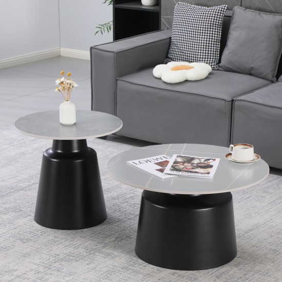 Τραπέζια σαλονιού Dualis  σετ 2 τεμ μαυρο μέταλλο-sintered stone σε γκρι μαρμάρου