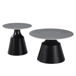 Τραπέζια σαλονιού Sculpt  σετ 2τεμ μέταλλο μαύρο- sintered stone γκρι μάρμαρο