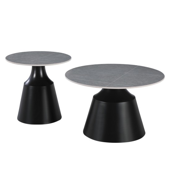 Τραπέζια σαλονιού Sculpt  σετ 2τεμ μέταλλο μαύρο- sintered stone γκρι μάρμαρο