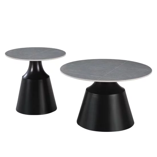 Τραπέζια σαλονιού Sculpt  σετ 2τεμ μέταλλο μαύρο- sintered stone γκρι μάρμαρο