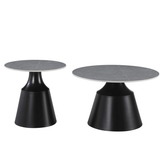 Τραπέζια σαλονιού Sculpt  σετ 2τεμ μέταλλο μαύρο- sintered stone γκρι μάρμαρο