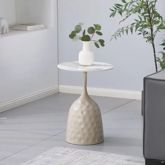 Βοηθητικό τραπέζι Amphora  μέταλλο cappuccino- τραβερτίνα με όψη μαρμάρου Φ40x60εκ
