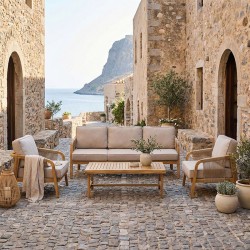 Σαλόνι εξωτερικού χώρου Malibu III  ξύλο ακακίας με σχοινί σε φυσική απόχρωση και μπεζ μαξιλάρια