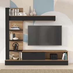 Σύνθετο σαλονιού Dranko  μαύρο-oak μελαμίνης 205x41.5x192εκ