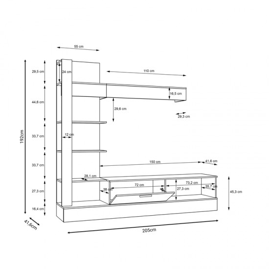 Σύνθετο σαλονιού Dranko μαύρο-oak μελαμίνης 205x41.5x192εκ Σύνθετο σαλονιού Dranko μαύρο-oak μελαμίνης 205x41.5x192εκ