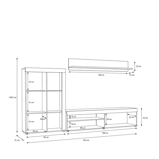 Σύνθετο σαλονιού Zorbi pakoworld λευκό-sonoma oak μελαμίνης 265x41x158.5εκ Model: 318-000011