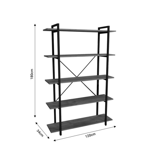 Βιβλιοθήκη Reson  oak μελαμίνης-μαύρο μέταλλο 120x34x180εκ Model: 321-000001