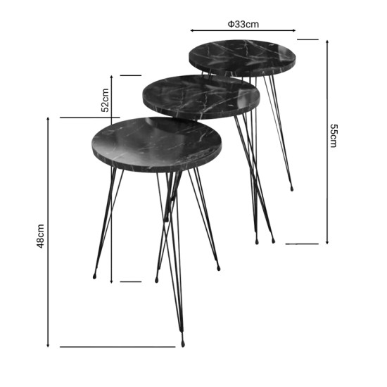 Βοηθητικά τραπέζια Wakmi pakoworld σετ 3τεμ μαύρο μαρμάρου μελαμίνης-μαύρο μέταλλο Model: 321-000071