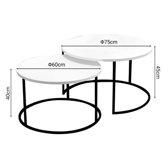 Τραπέζια σαλονιού Solme pakoworld σετ 2τεμ λευκό μελαμίνης-μαύρο μέταλλο Model: 321-000076