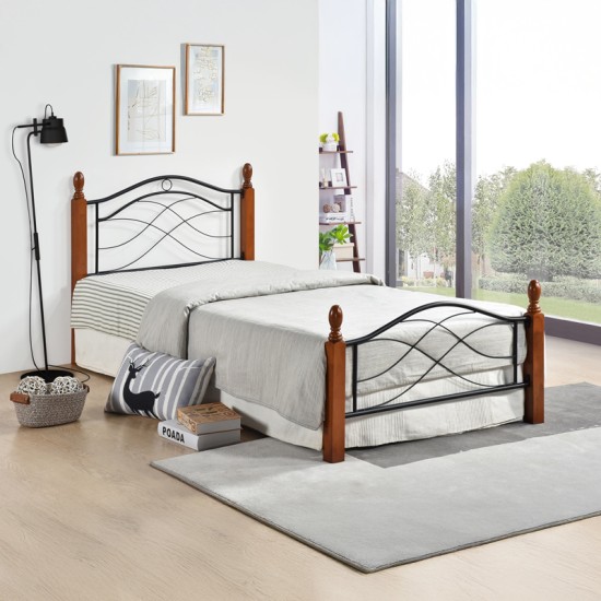 Κρεβάτι Polanian  ξύλο rubberwood σε καρυδί απόχρωση-μαύρο μέταλλο 150x200εκ