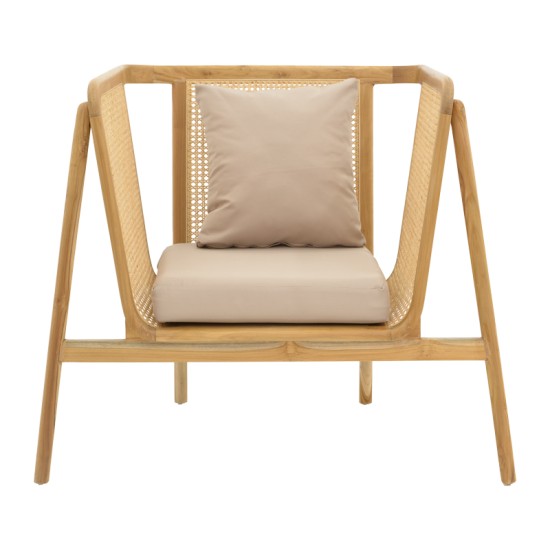 Πολυθρόνα Jenta  teak ξύλο με rattan σε φυσική απόχρωση και μπεζ μαξιλάρι 72x67x92εκ