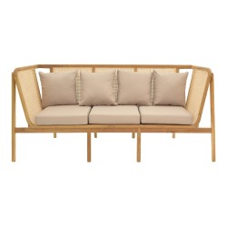 Καναπές τριθέσιος Jenta  teak ξύλο με rattan σε φυσική απόχρωση και μπεζ μαξιλάρι 203x67x92εκ