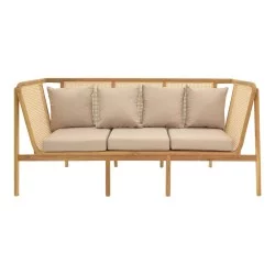 Καναπές τριθέσιος Jenta  teak ξύλο με rattan σε φυσική απόχρωση και μπεζ μαξιλάρι 203x67x92εκ