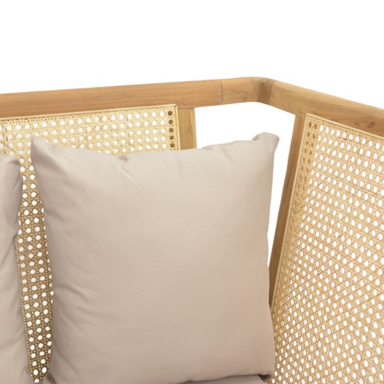 Καναπές τριθέσιος Jenta  teak ξύλο με rattan σε φυσική απόχρωση και μπεζ μαξιλάρι 203x67x92εκ