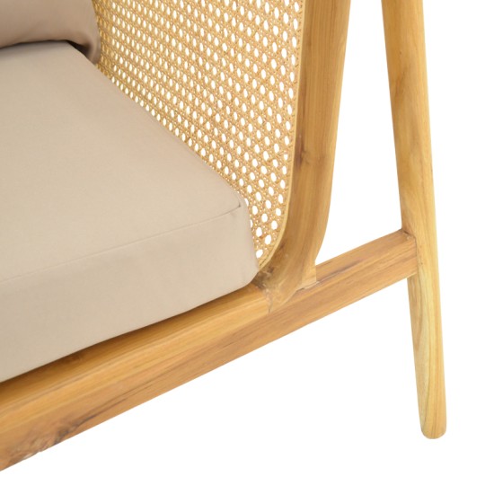 Καναπές τριθέσιος Jenta  teak ξύλο με rattan σε φυσική απόχρωση και μπεζ μαξιλάρι 203x67x92εκ
