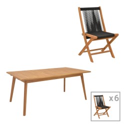 Τραπεζαρία 7 τεμ. Banou-Pino  teak ξύλο σε φυσική - μαυρη απόχρωση 180/240x100x75εκ