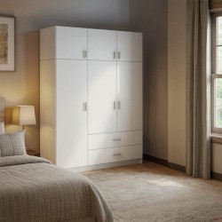 Ντουλάπα τρίφυλλη Royal  με συρτάρια και πατάρι λευκό 150x58x230εκ