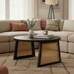 Τραπέζι Tamarind  ξύλο mango-φυσικό rattan σε μαύρη απόχρωση Φ65x40εκ
