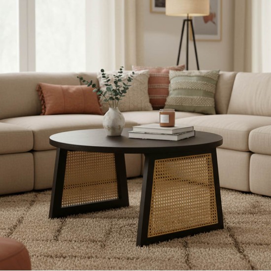 Τραπέζι Tamarind  ξύλο mango-φυσικό rattan σε μαύρη απόχρωση Φ65x40εκ