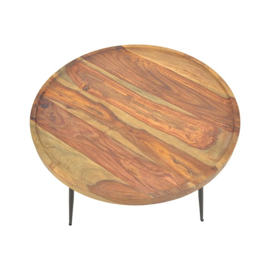 Τραπέζι σαλονιού Tavolo  μασιφ ξύλο sheesham σε καρυδί απόχρωση με μαύρα μεταλλικά πόδια Φ75x39εκ