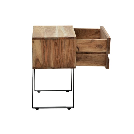 Κομοδίνο Imena  μασίφ ξύλο Acacia σε φυσικό απόχρωση με μαύρα μεταλλικά πόδια 45x35x56εκ