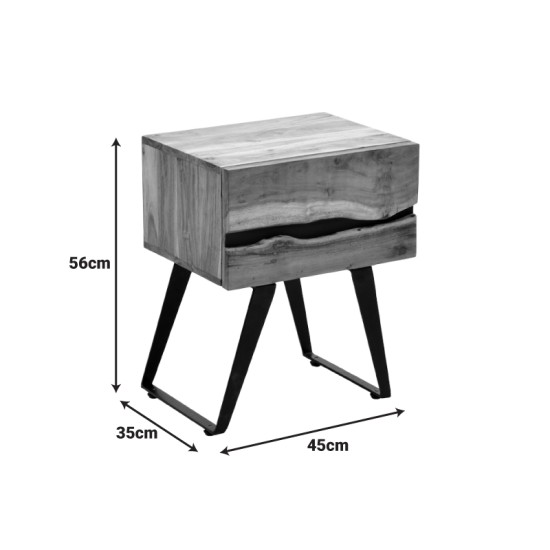 Κομοδίνο Imena  μασίφ ξύλο Acacia σε φυσικό απόχρωση με μαύρα μεταλλικά πόδια 45x35x56εκ