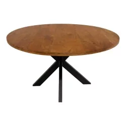 Τραπεζι Royalty  μασίφ mango ξύλο καρυδί-πόδι μαύρο μέταλλο Φ130x77εκ