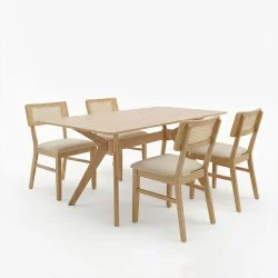 Τραπεζαρία Raffles  σετ 5τεμ rubberwood με pe rattanσε φυσική απόχρωση 150x90x76εκ