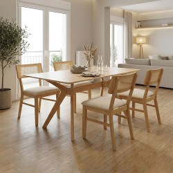Τραπεζαρία Raffles  σετ 5τεμ rubberwood με pe rattanσε φυσική απόχρωση 150x90x76εκ