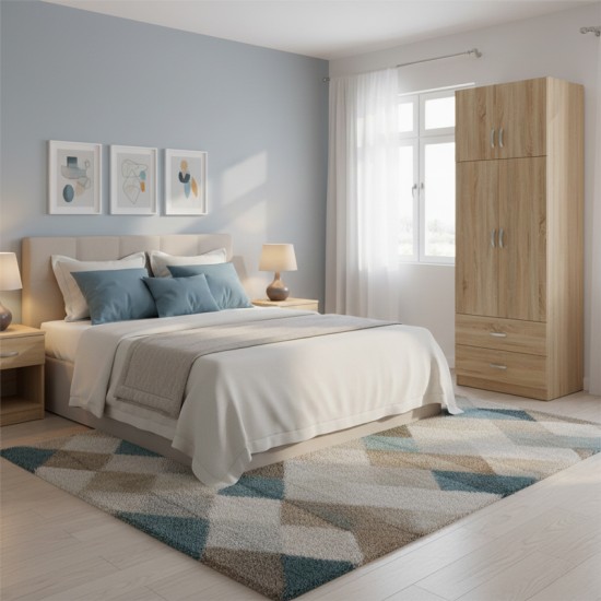 Ντουλάπα δίφυλλη με 2 συρτάρια και πατάρι Lego  σε oak απόχρωση 80x42x240εκ