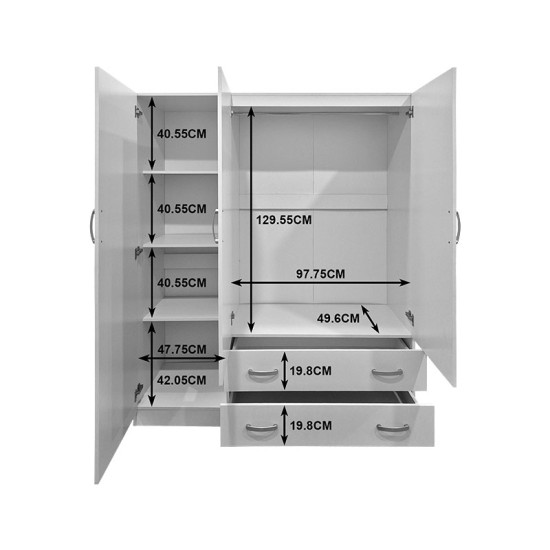 Ντουλάπα τρίφυλλη με 2 συρτάρια Alvia  λευκή 150x51x180εκ