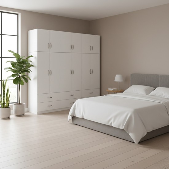 Ντουλάπα εξάφυλλη με συρτάρια και πατάρι Lego  λευκή 240x42x240εκ