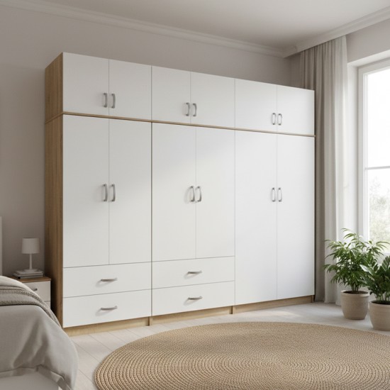 Ντουλάπα εξάφυλλη με πατάρι Athos  sonoma-λευκή 240x42x240εκ