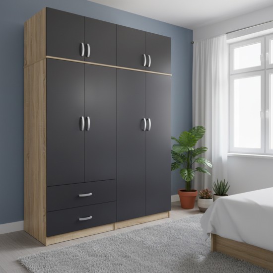 Ντουλάπα τετράφυλλη με πατάρι Lego  sonoma-ανθρακί 160x42x240εκ