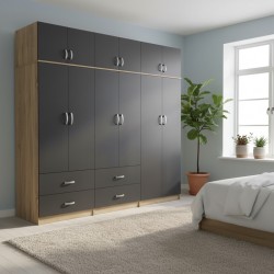 Ντουλάπα εξάφυλλη με πατάρι Athos  sonoma-ανθρακί 240x42x240εκ