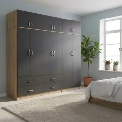 Ντουλάπα εξάφυλλη με πατάρι Athos  sonoma-ανθρακί 240x42x240εκ