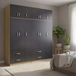 Ντουλάπα εξάφυλλη με πατάρι Athos  sonoma-ανθρακί 180x42x240εκ