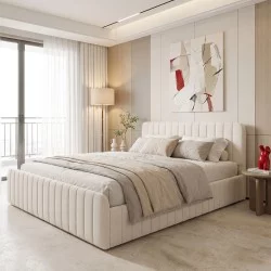 Κρεβάτι διπλό Myrelia  γκρι μπεζ ύφασμα 160x200εκ