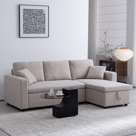 Γωνιακός αναστρέψιμος καναπές κρεβάτι Kamore  με αποθηκευτικό χώρο μπεζ ύφασμα 223x146x85εκ