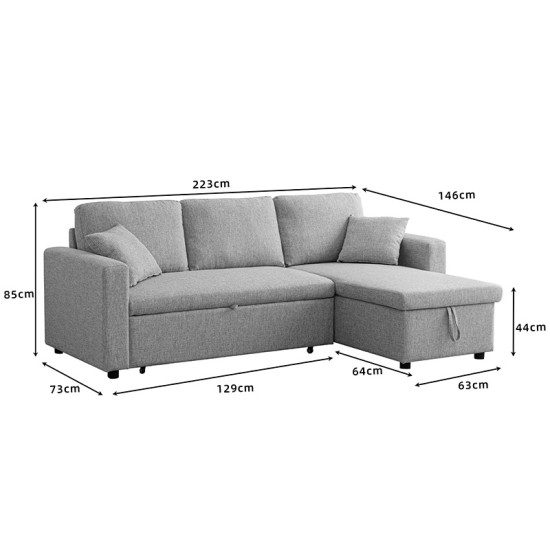 Γωνιακός αναστρέψιμος καναπές κρεβάτι Kamore  με αποθηκευτικό χώρο μπεζ ύφασμα 223x146x85εκ