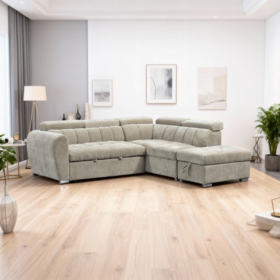 Γωνιακός καναπές-κρεβάτι αριστερή γωνία Nuvora  με αποθηκευτικό χώρο μπεζ ύφασμα 244x225x79εκ