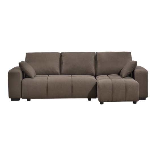 Γωνιακός καναπές-κρεβάτι Belda  αναστρέψιμος με αποθηκευτικό χώρο σκούρο καφέ ύφασμα 246x138x82εκ